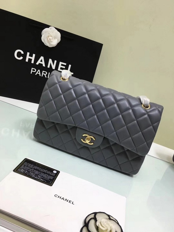 CL 1112 Grey Large Size 30cm Lambskin Leather Flap Bag With Gold/Silver Hardware