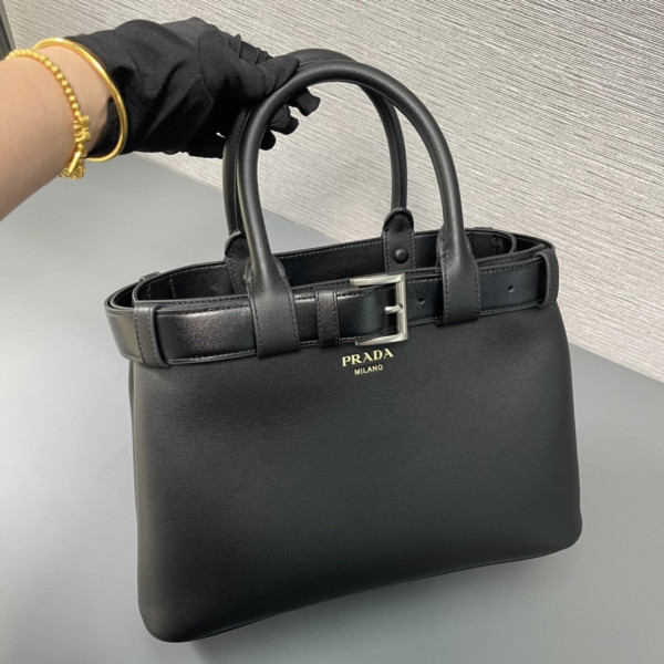 Pra*a buckle large leather handbag with belt-32*23*11cm